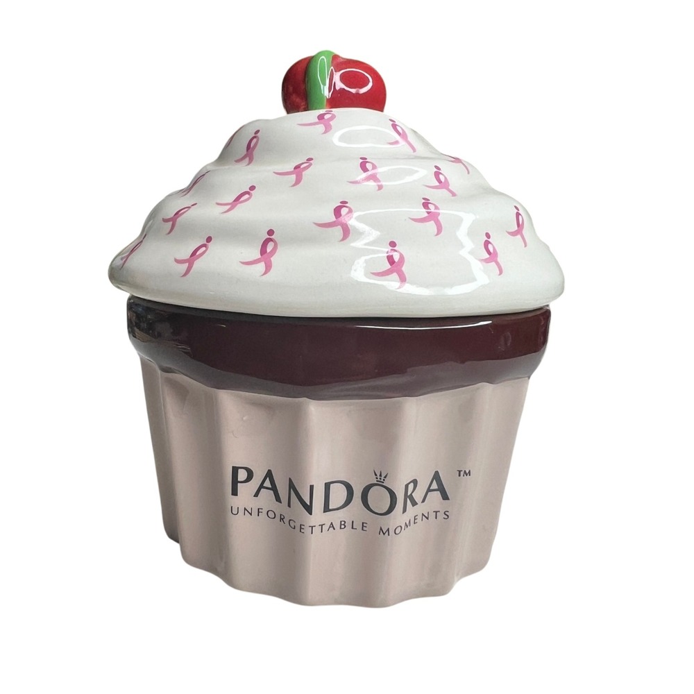 Retired Pandora Breast Cancer Ribbon Cupcake Ceramic Trinket Jewelry Box Pink